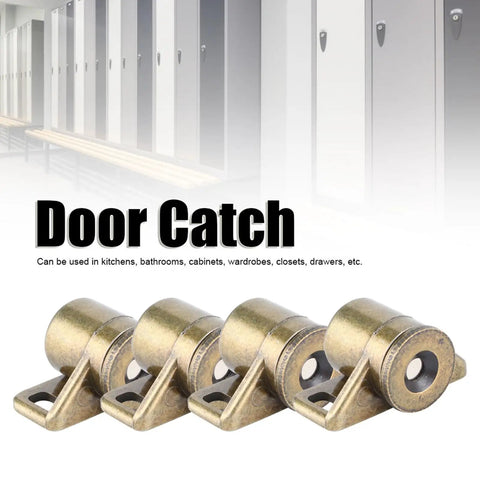 Vintage Gold Zinc Alloy Cabinet Door Catch Set Four Pcs With Beefy Magnetic Seal Keeps Cabinets Wardrobes Closets And Drawers Secure Bronze Finish Hardware For Heavy Use, showing the four pieces set with a background of lockers.