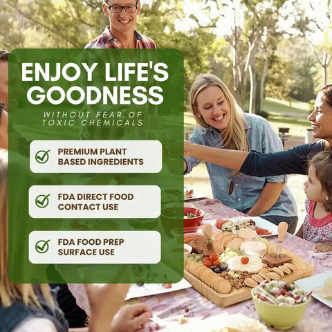 Family enjoying outdoor meal with cutting board oil benefits displayed, No Nonsense Cutting Board Oil With Conditioner And Sealer For Wood Surfaces, Food Safe And Non Toxic, Exceeds FDA Standards, Keeps Butcher Blocks And Wood Counters Protected, Restores Shine, 8 Oz.