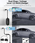 Dual plugs for Level 1 2 Portable Ev Charger With Native Nacs Port Nema 5 15 Plug Adjustable 6 To 16 Amps for seamless charging.