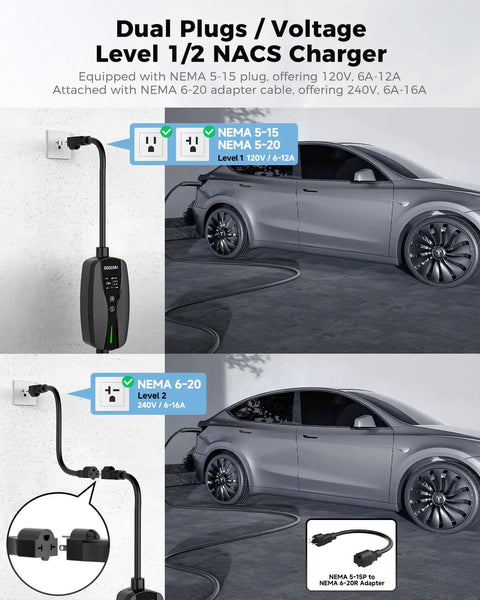 Dual plugs for Level 1 2 Portable Ev Charger With Native Nacs Port Nema 5 15 Plug Adjustable 6 To 16 Amps for seamless charging.