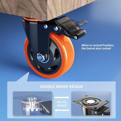 Tough As Nails 3 Inch Caster Wheels Set Of 4 heavy duty locking brake detail showing double brake design and orange wheels.
