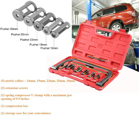 Valve Spring Compressor C Clamp Tool Set For Auto Service And Small Engine Maintenance in red storage case showing tools