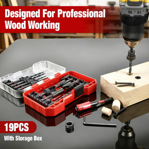 Pro Grade Countersink Drill Bit Set 19 Piece With Seven Tapered Bits Four Wood Plug Cutters Magnetic Extension Shaft