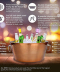 Insulated Rose Copper Double Wall Ice Bucket For Parties And Entertaining, Leak Proof Champagne And Wine Cooler With Sturdy Handles, Large 12 Quart Chiller For Home Patio Or Restaurant Use, displayed with bottles on a wooden surface.