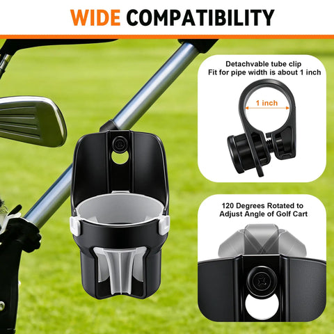 Image of Heavy Duty Golf Push Cart Cup Holder With Super Large Capacity, highlighting detachable clip and 120-degree rotation features.