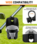 Universal Golf Push Cart Cup Holder Heavy Duty Two Pack Fits Up To 40 Ounce Bottle with detachable tube clip and rotation feature.