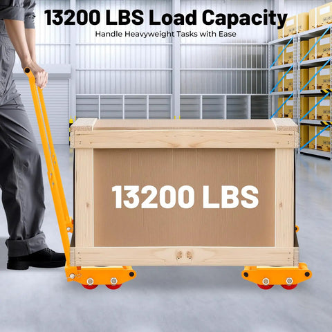 Premium 4 Pack Heavy Duty Machinery Mover Skates With 6 Ton Capacity for moving 13200 lbs load in warehouse setting.