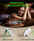 Woman using 15W MagSafe Charger Magnetic Wireless Pad For iPhone 17 16 15 14 13 12 Series And AirPods Pro 4 2 With PD20W Block Ultra Thin Travel Ready 2 Pack 5Ft Cables Strong Magnet Fast Everyday Convenience as phone kickstand and charger