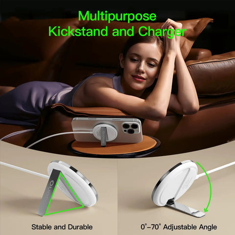 Woman using 15W MagSafe Charger Magnetic Wireless Pad For iPhone 17 16 15 14 13 12 Series And AirPods Pro 4 2 With PD20W Block Ultra Thin Travel Ready 2 Pack 5Ft Cables Strong Magnet Fast Everyday Convenience as phone kickstand and charger