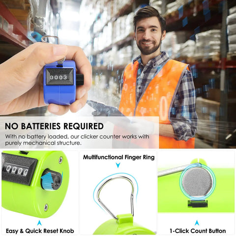Hustle Ready 6 Pack Mechanical Tally Counters With 4 Digit Dials And Bright Assorted Colors For Snappy Team Tracking At Sports Pitches Warehouse Floors Or Block Parties, held by a worker in an orange vest, featuring battery-free mechanical structure and easy reset.