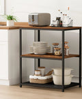 Built Tough Kitchen Island With Three Deep Storage Shelves And Reinforced Metal Frame, spacious black frame with rustic wooden top.