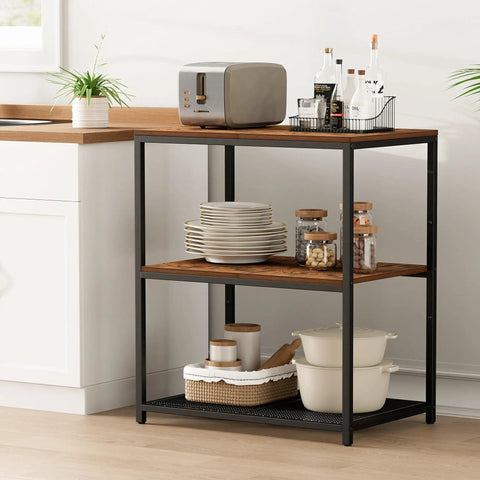 Built Tough Kitchen Island With Three Deep Storage Shelves And Reinforced Metal Frame, spacious black frame with rustic wooden top.