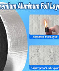 Close-up of All Season Outdoor Pipe Insulation Wrap 2 Inch Wide By 33 Foot Self Adhering Foam Tape With Aluminum Foil showing fireproof and waterproof layers.