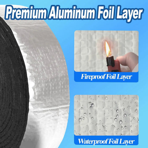 Close-up of All Season Outdoor Pipe Insulation Wrap 2 Inch Wide By 33 Foot Self Adhering Foam Tape With Aluminum Foil showing fireproof and waterproof layers.