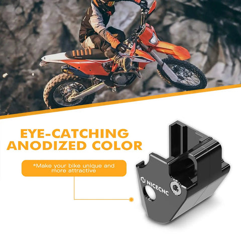Beefy Aluminum Linkage Guard For Motorcycle Shock Linkage And Clevis Protection Off Road Trail Shield To Defend Against Rocks Logs And Debris Easy Bolt On Mount CNC Machined Durability black anodized aluminum guard on off-road dirt bike