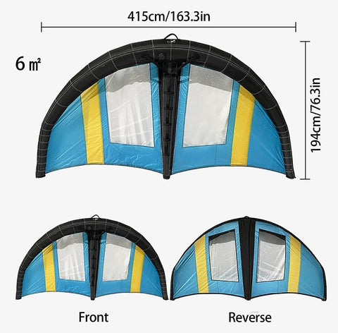 Inflatable Surf Wing And Portable Kite Surfboard With Window Design, blue and yellow, 6m² size, front and reverse views
