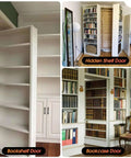 Heavy Duty Pivot Door Hinge For Hidden Doors And Bookcases, 180 Degree Concealed Pivot, showcasing installed bookshelf and bookcase doors.