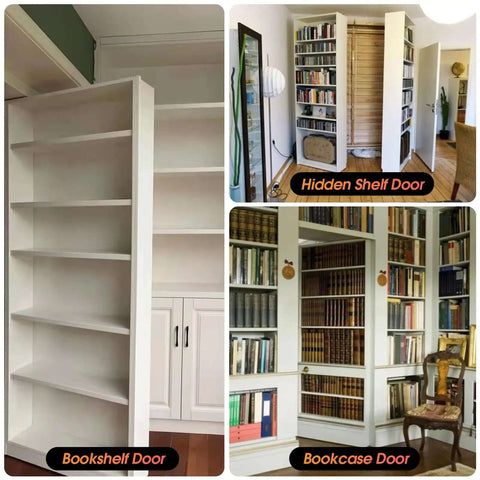 Heavy Duty Pivot Door Hinge For Hidden Doors And Bookcases, 180 Degree Concealed Pivot, showcasing installed bookshelf and bookcase doors.