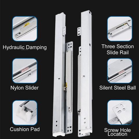 Soft Close Undermount Drawer Slides With Full Extension From 8 To 24 Inches, 90 Lbs Capacity, detailed components view