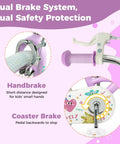 Kids 12 Inch Bike For Girls And Boys Ages 3 To 8 Training Wheels Coaster Brake Height Adjustable Handlebar And Seat Purple Color Easy To Ride Built To Grow With Your Kid, highlighting dual brake system details with handbrake and coaster brake.