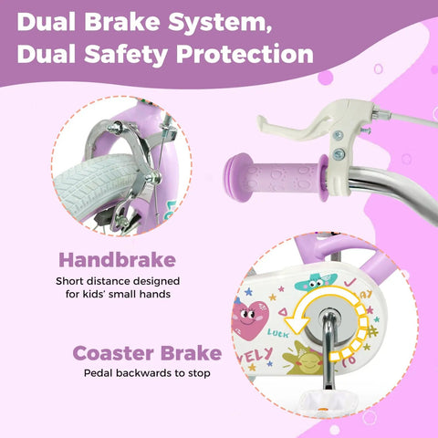 Kids 12 Inch Bike For Girls And Boys Ages 3 To 8 Training Wheels Coaster Brake Height Adjustable Handlebar And Seat Purple Color Easy To Ride Built To Grow With Your Kid, highlighting dual brake system details with handbrake and coaster brake.