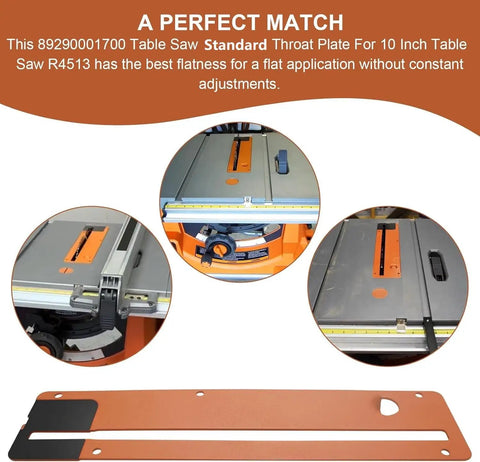 Standard Table Saw Throat Plate Replacement For 10 Inch Jobsite Saws Original Style Insert Cover With Riving Knife Slot Compatible With R4513 10 Inch Portable Saw Easy Install Beefy Steel Build, shown with close-up details.