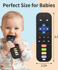 Baby chewing on Realistic Remote Control Teether Toy For Babies, Sensory Silicone Chew Toy For Teething Relief, BPA Free Infant Gift.