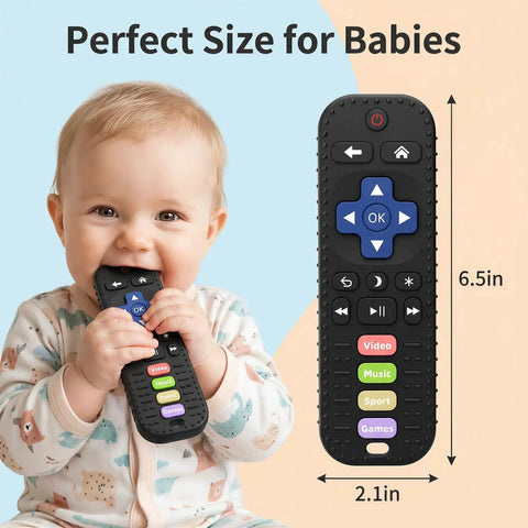 Baby chewing on Realistic Remote Control Teether Toy For Babies, Sensory Silicone Chew Toy For Teething Relief, BPA Free Infant Gift.