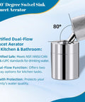 Dual Function Chrome Kitchen Faucet Aerator With 360 Swivel Spray shown at an 80-degree rotation with a dual-flow design.