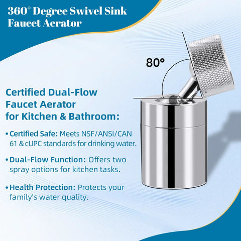 Dual Function Chrome Kitchen Faucet Aerator With 360 Swivel Spray shown at an 80-degree rotation with a dual-flow design.