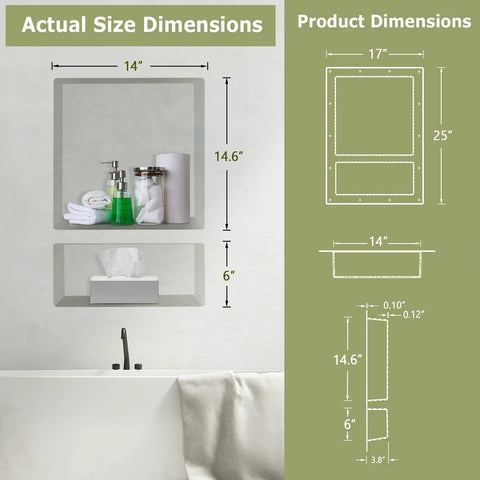 Diagram of Recessed Shower Niche Organizer with Two-Tier Shelves, 14x16.5 Big Grid and 14x6 Small Grid, alongside real-world image.