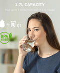 Woman drinking water with text overlay about 1.7L capacity and BPA free kettle benefits for boiling water