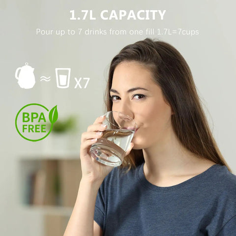 Woman drinking water with text overlay about 1.7L capacity and BPA free kettle benefits for boiling water