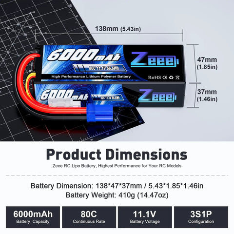 Dimensions of 11.1V 6000mAh 80C 3S LiPo Battery Pack with EC5 Connector in a Hard Case, shown with specifications and size details