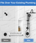 Before and after installation of 9 Inch Rainfall Shower Head And Handheld Combo System With Slide Bar In Matte Black