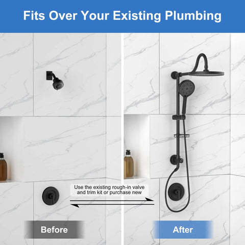 Before and after installation of 9 Inch Rainfall Shower Head And Handheld Combo System With Slide Bar In Matte Black