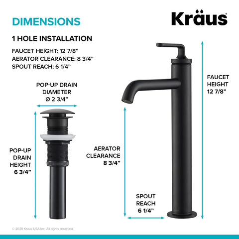 Ramus One Handle Vessel Sink Bathroom Faucet With Pop Up Drain Dope Matte Black Finish Lead Free Solid Brass Construction And Ceramic Cartridge For Leak Free Performance with installation dimensions