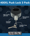 3 Pack Puck Lock Set With Hidden Shackle Keyed Alike 6061 Aluminum Trailer Locks Heavy Duty Road Ready Security Shackle Opening One And Three Quarters Inch By One And Three Quarters Inch Depth One And A Quarter Inch Made In USA Black, shown with key and features highlighted.