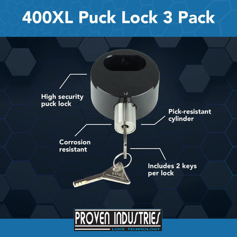 3 Pack Puck Lock Set With Hidden Shackle Keyed Alike 6061 Aluminum Trailer Locks Heavy Duty Road Ready Security Shackle Opening One And Three Quarters Inch By One And Three Quarters Inch Depth One And A Quarter Inch Made In USA Black, shown with key and features highlighted.