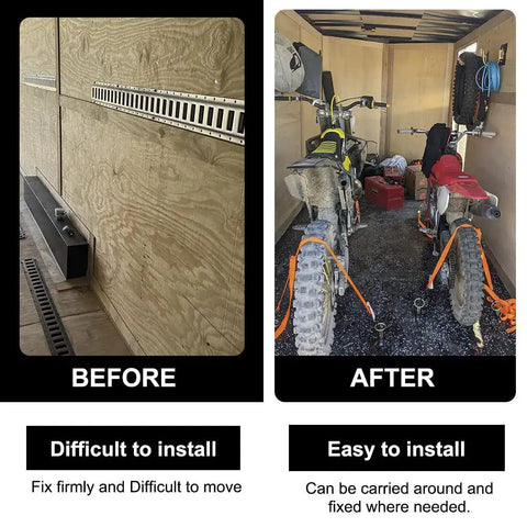 Heavy Duty 10 Piece E Track Tie Down O Ring Set For E Track Rails And Single Slot Systems Great For Trucks Trailers Boats Vans And More Easy To Install And Reposition Cargo Securement. E-track rail installed in trailer with dirt bikes secured by orange straps.