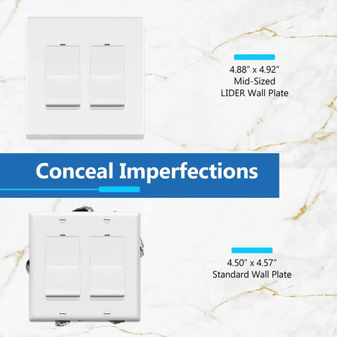Screwless Decorator Switch Cover Two Gang Wall Plate Mid Size Matte White 4.88 By 4.92 Inches UL Listed Thermoplastic 10 Pack Compatible With Decorator Style Switches From Various Brands For Clean Easy Install