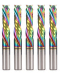 Set of five rainbow-coated up-down compression router bits, 1/4" cutting diameter, 1" cutting length, 1/4" shank, solid carbide