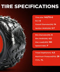 Go Kart Tire Set 145 70 6 14x6 6 Ply Tubeless Big Horn Tread For Coleman CC100X CT100U with specifications on red background