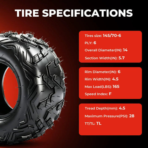 Go Kart Tire Set 145 70 6 14x6 6 Ply Tubeless Big Horn Tread For Coleman CC100X CT100U with specifications on red background