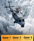 Military Style RC Helicopter With 8K Camera And Built In Screen Remote flying in snowy mountain landscape, showing three gears for speed modes.