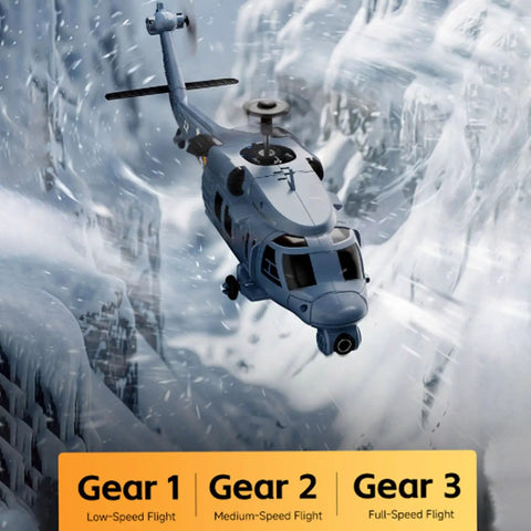 Military Style RC Helicopter With 8K Camera And Built In Screen Remote flying in snowy mountain landscape, showing three gears for speed modes.