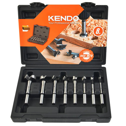 Eight Piece Forstner Bit Set Made From Alloy Steel For Woodworking With Round Shank Pro Grade Ultra Sharp Teeth For Hardwood Softwood Plastic Plywood Heavy Duty Storage Case in open storage case