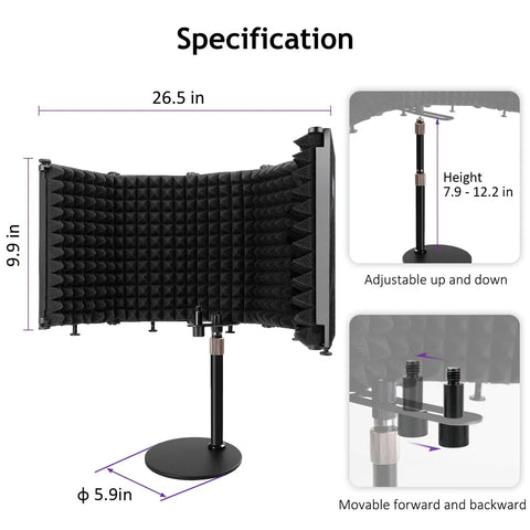 High Density 5 Panel Microphone Isolation Shield With Desktop Mic Stand For Home Studio Recording and Vocal Booth, 26.5x9.9in
