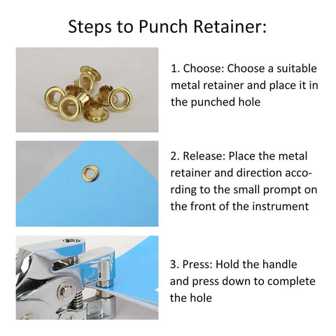 Steps to use Metal Handheld All In One Hole Puncher With Retainer for office binding, showing retainer parts and punch action.