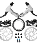 Stop On A Dime Heavy Duty Mechanical Disc Brake Set With Floating Rotor Caliper Cable Lever Kit for Mountain Bikes and Motorcycles. Silver and black components.